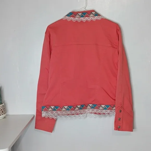 Ami Peachy Orange Coral Shabby Chic Western Jacket w/ Lace Collar Trim M - Picture 9 of 10